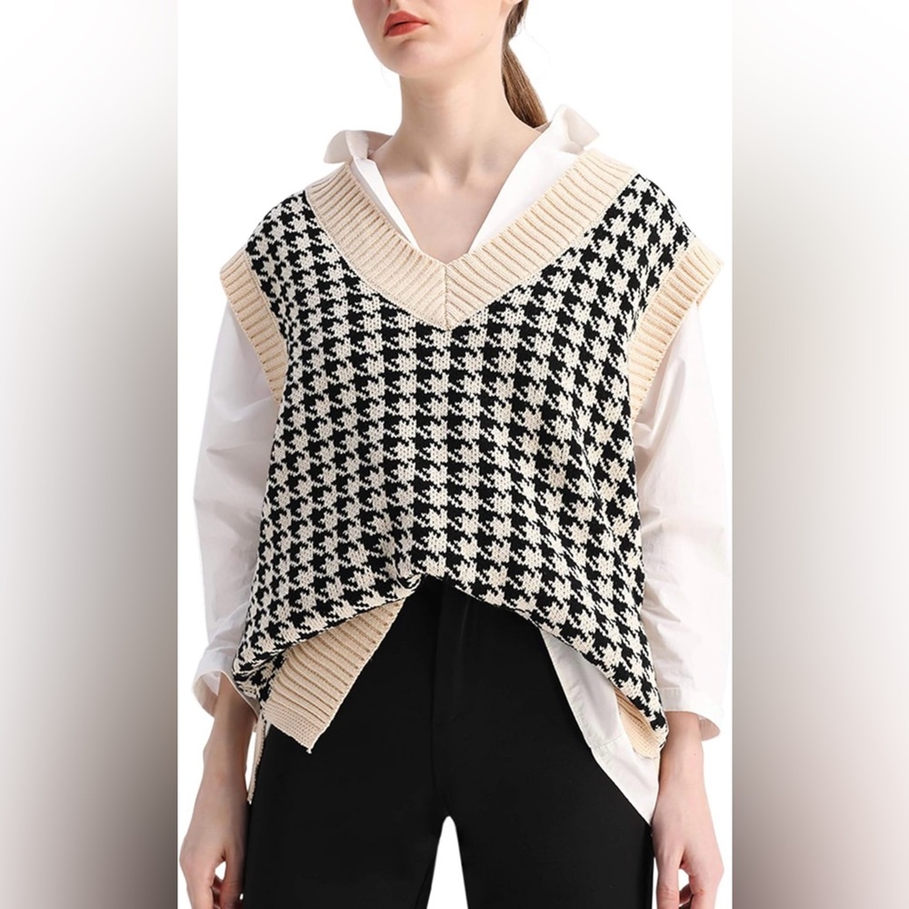 Oversized Houndstooth Knitted Vest Sweater Vintage V Neck